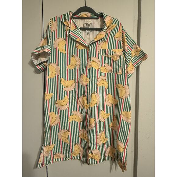 World Market long green stripe satin bananas nightshirt button up womens S/M pjs - Picture 1 of 6
